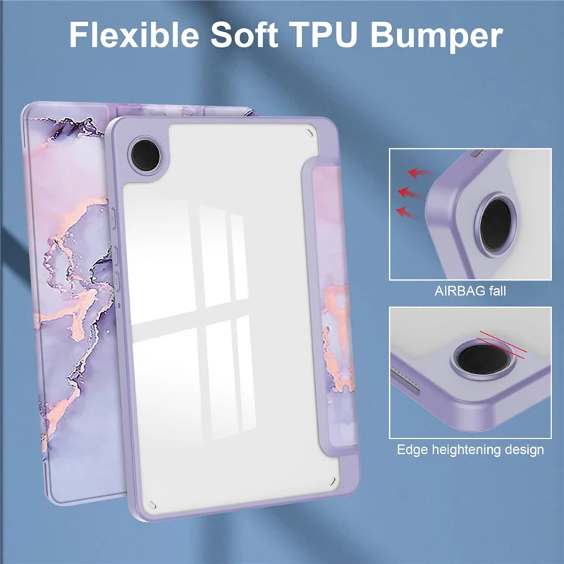 Funda para Tablet Samsung Galaxy Tab A9 con Soporte Plegable, Diseño Impreso, Cubierta de Cuero Acrílico Transparente - Mármol Morado