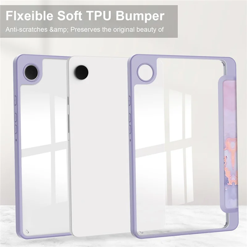 Funda para Tablet Samsung Galaxy Tab A9 con Soporte Plegable, Diseño Impreso, Cubierta de Cuero Acrílico Transparente - Mármol Morado