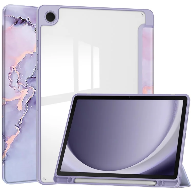 For Samsung Galaxy Tab A9+ Tablet Case Tri-Fold Stand Pattern Printing Clear Acrylic Leather Cover - Purple Marble