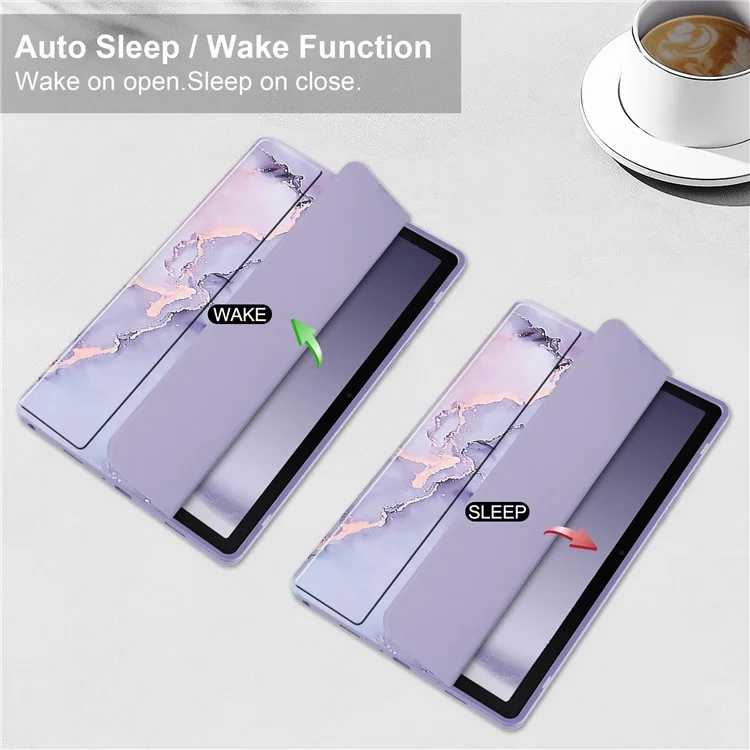 For Samsung Galaxy Tab A9+ Tablet Case Tri-Fold Stand Pattern Printing Clear Acrylic Leather Cover - Purple Marble