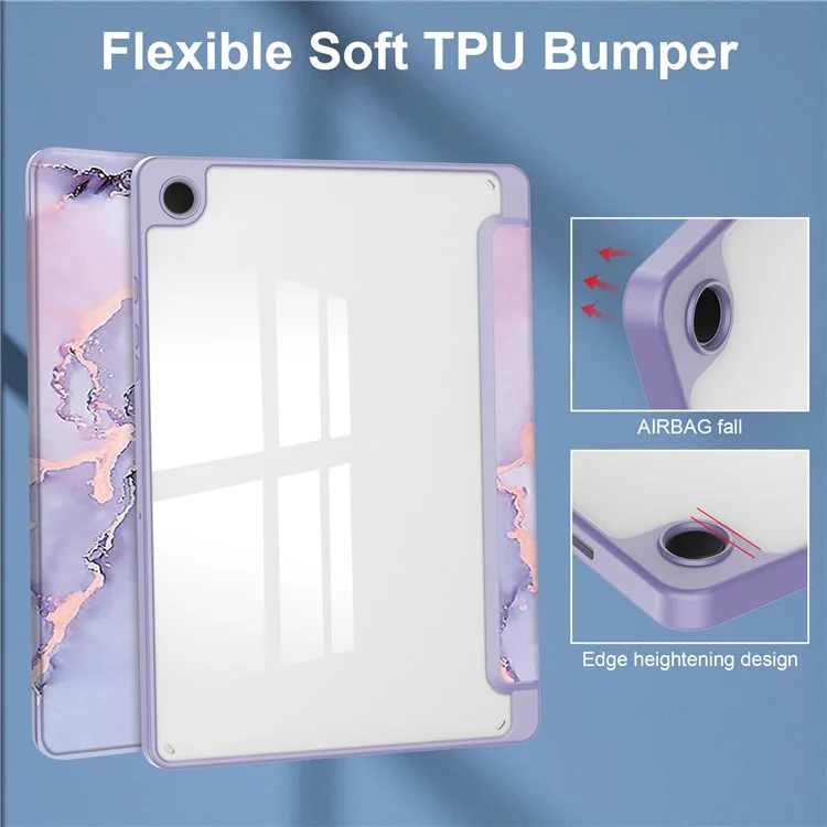 For Samsung Galaxy Tab A9+ Tablet Case Tri-Fold Stand Pattern Printing Clear Acrylic Leather Cover - Purple Marble