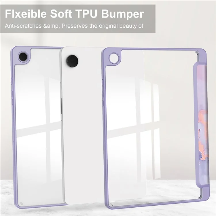 For Samsung Galaxy Tab A9+ Tablet Case Tri-Fold Stand Pattern Printing Clear Acrylic Leather Cover - Purple Marble