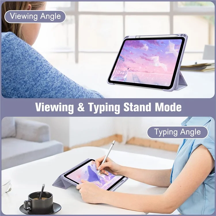 For iPad (2025)  /  10.9 (2022) Tablet Case Tri-Fold Stand Pattern Printing Clear Acrylic Leather Cover - Purple Marble