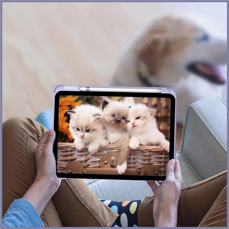 For iPad (2025)  /  10.9 (2022) Tablet Case Tri-Fold Stand Pattern Printing Clear Acrylic Leather Cover - Purple Marble