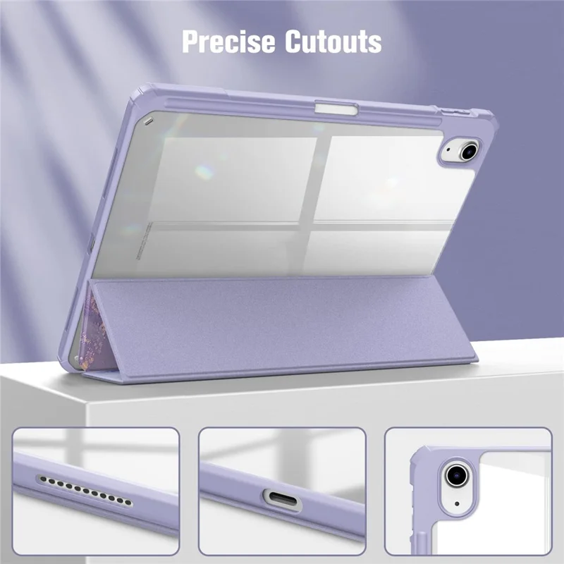 For iPad (2025)  /  10.9 (2022) Tablet Case Tri-Fold Stand Pattern Printing Clear Acrylic Leather Cover - Purple Marble
