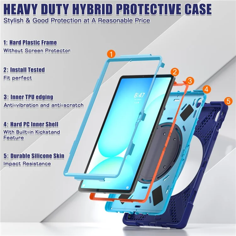 Tablet Case for Samsung Galaxy Tab S10 FE+ SM-X620 / SM-X626B TPU + PC + Silicone Cover Kickstand Handle Grip - Navy Blue