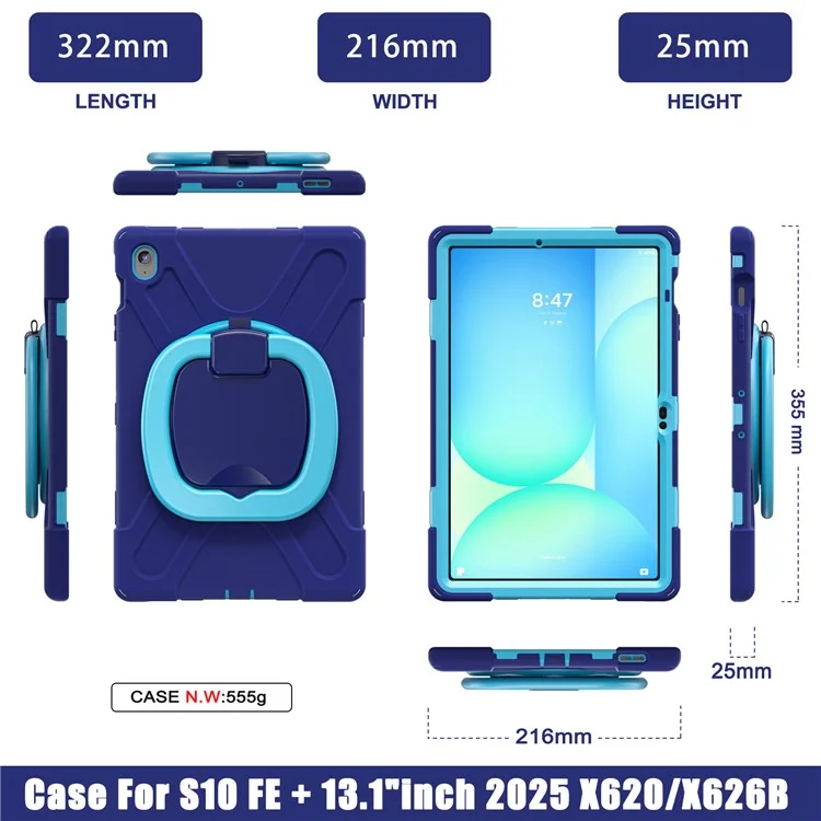 Tablet Case for Samsung Galaxy Tab S10 FE+ SM-X620 / SM-X626B TPU + PC + Silicone Cover Kickstand Handle Grip - Navy Blue