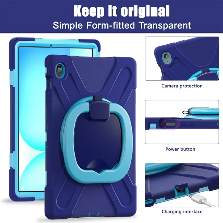 Tablet Case for Samsung Galaxy Tab S10 FE+ SM-X620 / SM-X626B TPU + PC + Silicone Cover Kickstand Handle Grip - Navy Blue