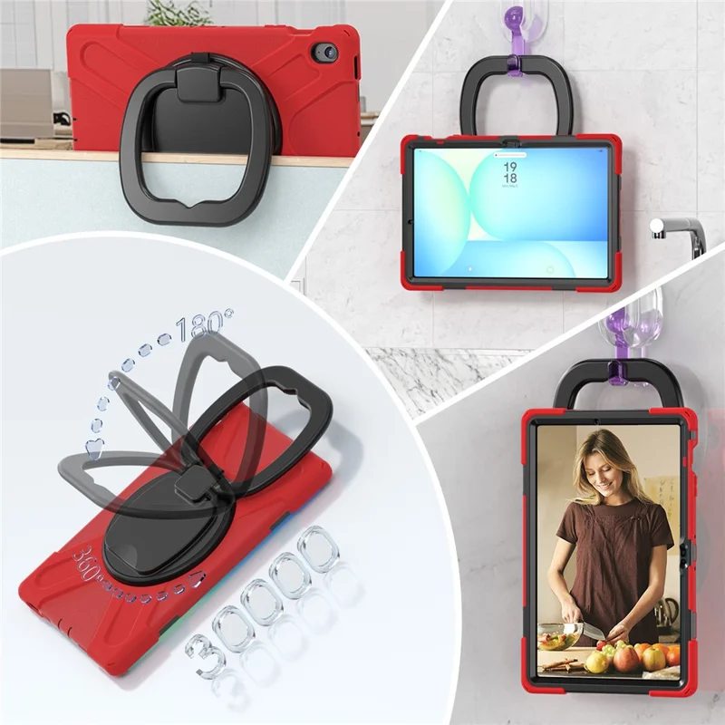 Tablet Case for Samsung Galaxy Tab S10 FE+ SM-X620 / SM-X626B TPU + PC + Silicone Cover Kickstand Handle Grip - Red