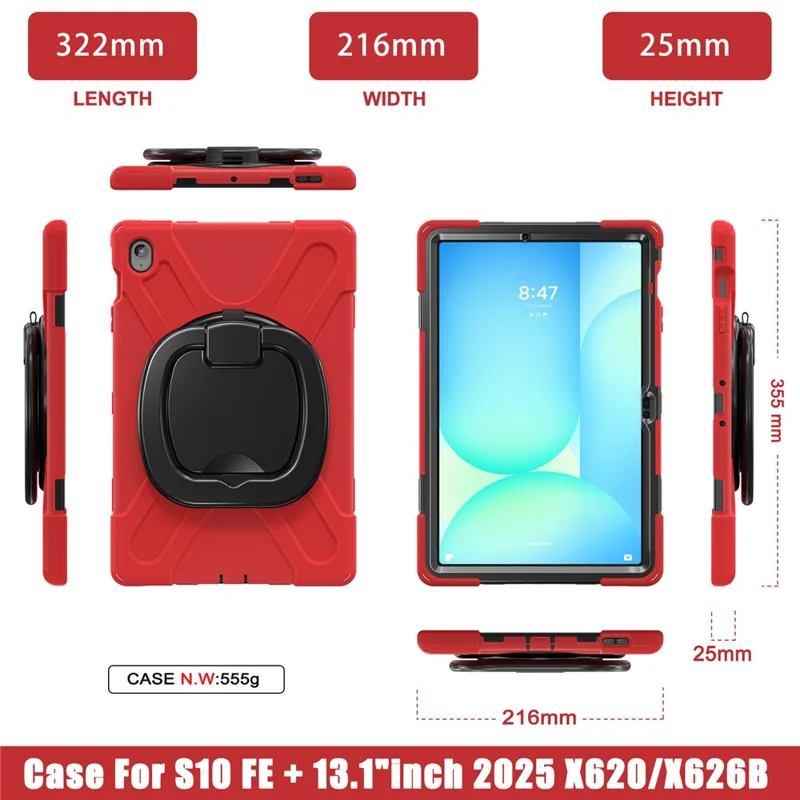 Tablet Case for Samsung Galaxy Tab S10 FE+ SM-X620 / SM-X626B TPU + PC + Silicone Cover Kickstand Handle Grip - Red
