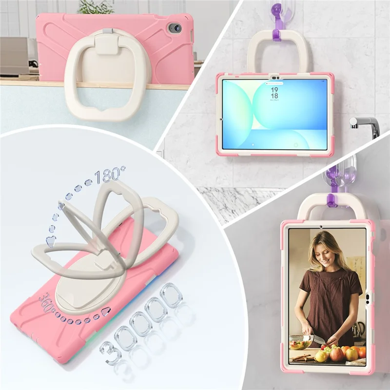 Tablet Case for Samsung Galaxy Tab S10 FE+ SM-X620 / SM-X626B TPU + PC + Silicone Cover Kickstand Handle Grip - Pink