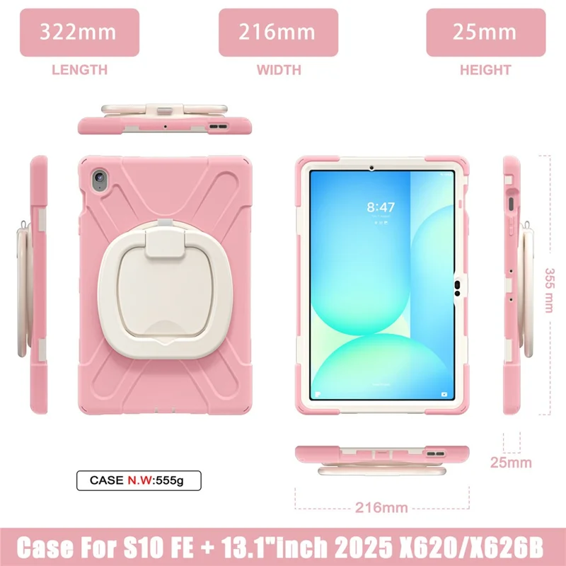 Tablet Case for Samsung Galaxy Tab S10 FE+ SM-X620 / SM-X626B TPU + PC + Silicone Cover Kickstand Handle Grip - Pink
