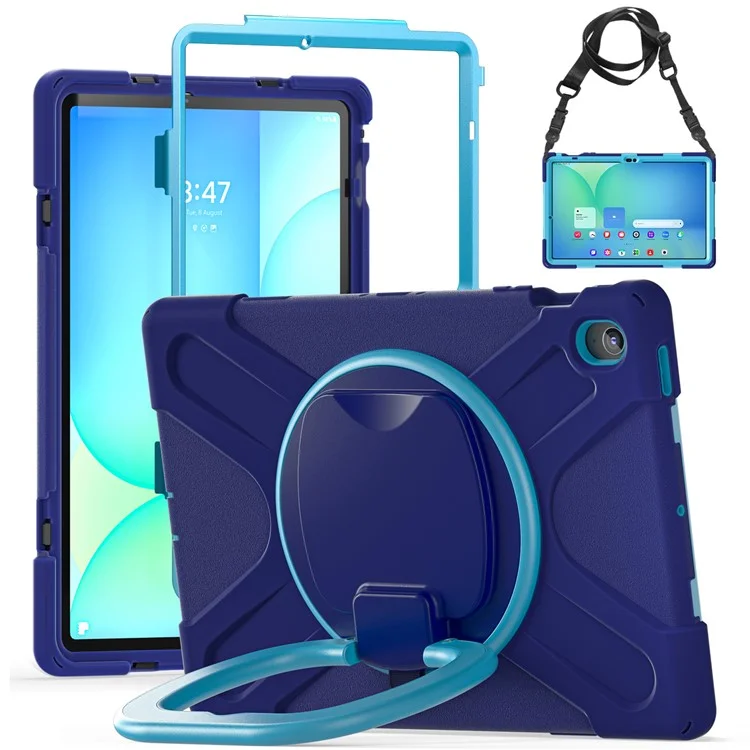 Tablet Case with Shoulder Strap for Samsung Galaxy Tab S10 FE+ SM-X620 / SM-X626B TPU + PC + Silicone Kickstand Cover - Navy Blue