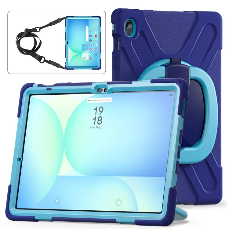 Tablet Case with Shoulder Strap for Samsung Galaxy Tab S10 FE+ SM-X620 / SM-X626B TPU + PC + Silicone Kickstand Cover - Navy Blue