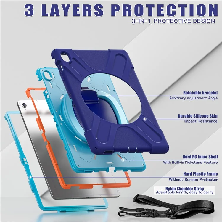 Tablet Case with Shoulder Strap for Samsung Galaxy Tab S10 FE+ SM-X620 / SM-X626B TPU + PC + Silicone Kickstand Cover - Navy Blue