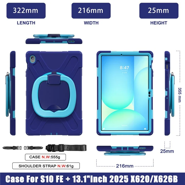 Tablet Case with Shoulder Strap for Samsung Galaxy Tab S10 FE+ SM-X620 / SM-X626B TPU + PC + Silicone Kickstand Cover - Navy Blue