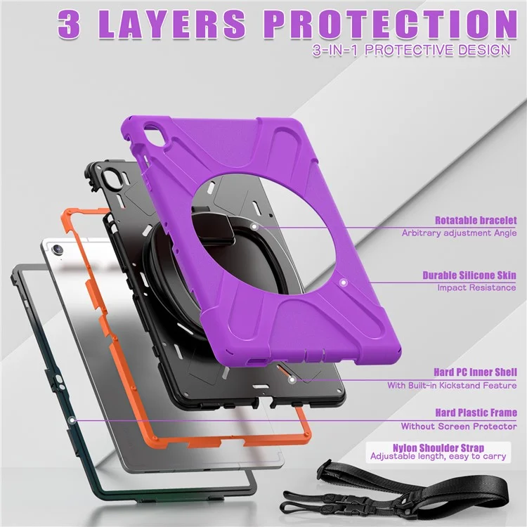 Tablet Case with Shoulder Strap for Samsung Galaxy Tab S10 FE+ SM-X620 / SM-X626B TPU + PC + Silicone Kickstand Cover - Purple