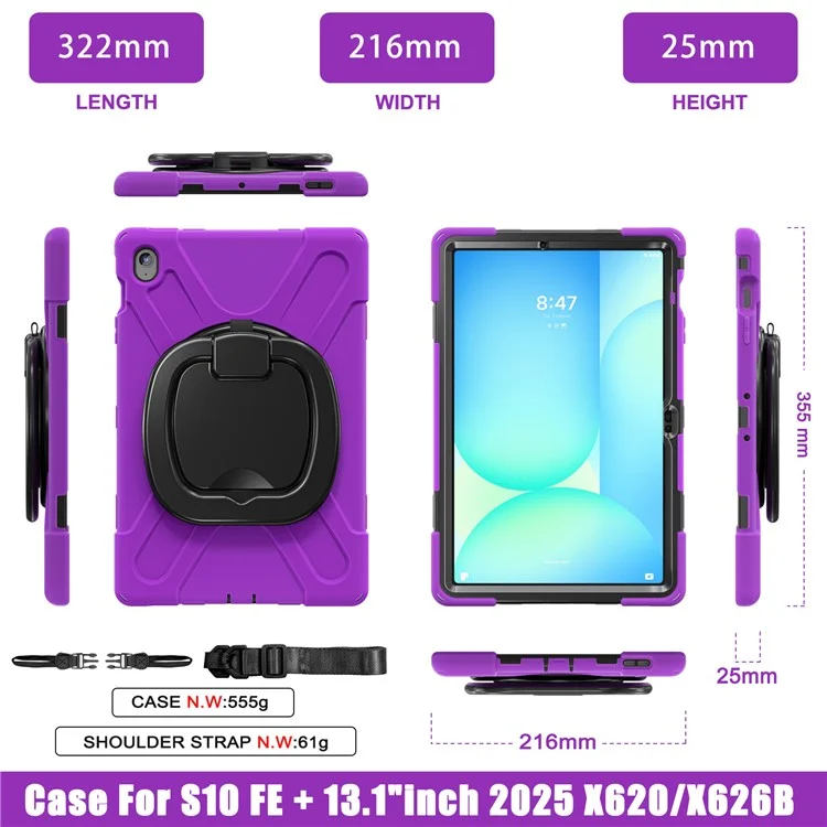 Tablet Case with Shoulder Strap for Samsung Galaxy Tab S10 FE+ SM-X620 / SM-X626B TPU + PC + Silicone Kickstand Cover - Purple