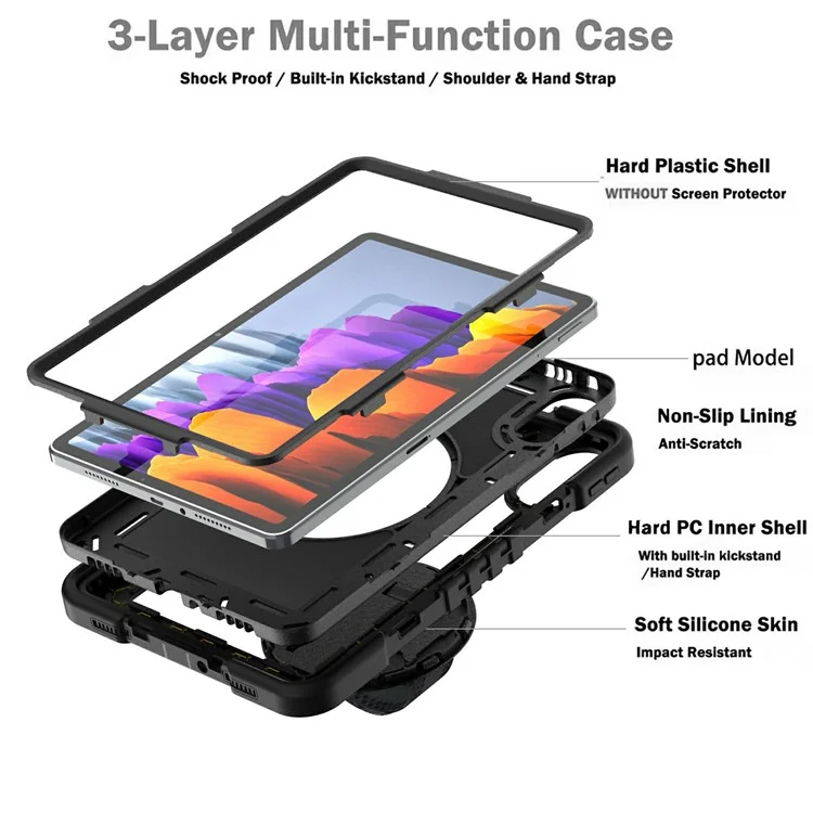 For Xiaomi Redmi Pad 2 Tablet Case Silicone + PC Shockproof Cover with Kickstand Shoulder Strap - Black