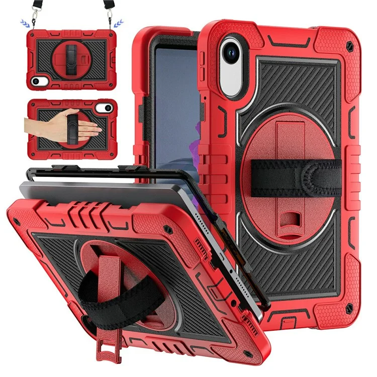 For Xiaomi Redmi Pad 2 Tablet Case Silicone + PC Shockproof Cover with Kickstand Shoulder Strap - Red + Black
