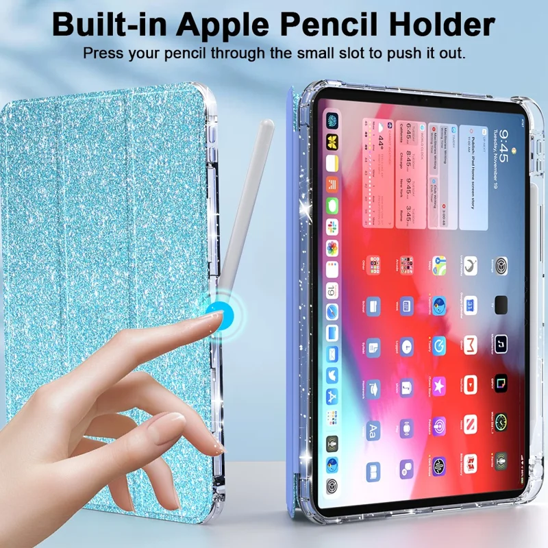 Custodia per iPad (2025) / iPad 10.9 (2022) con Slot per Pencil, Supporto Pieghevole Triplo, Cover Protettiva Glitterata con Supporto Accensione/Spegnimento Automatico - Blu