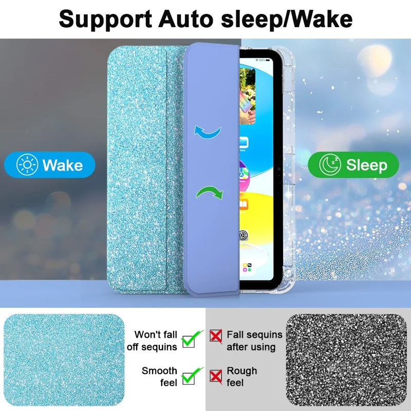 Custodia per iPad (2025) / iPad 10.9 (2022) con Slot per Pencil, Supporto Pieghevole Triplo, Cover Protettiva Glitterata con Supporto Accensione/Spegnimento Automatico - Blu