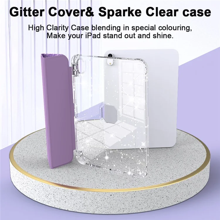 For iPad (2025) / iPad 10.9 (2022) Case with Pencil Slot Tri-Fold Stand Glitter Protective Tablet Cover Support Auto Wake / Sleep - Light Purple