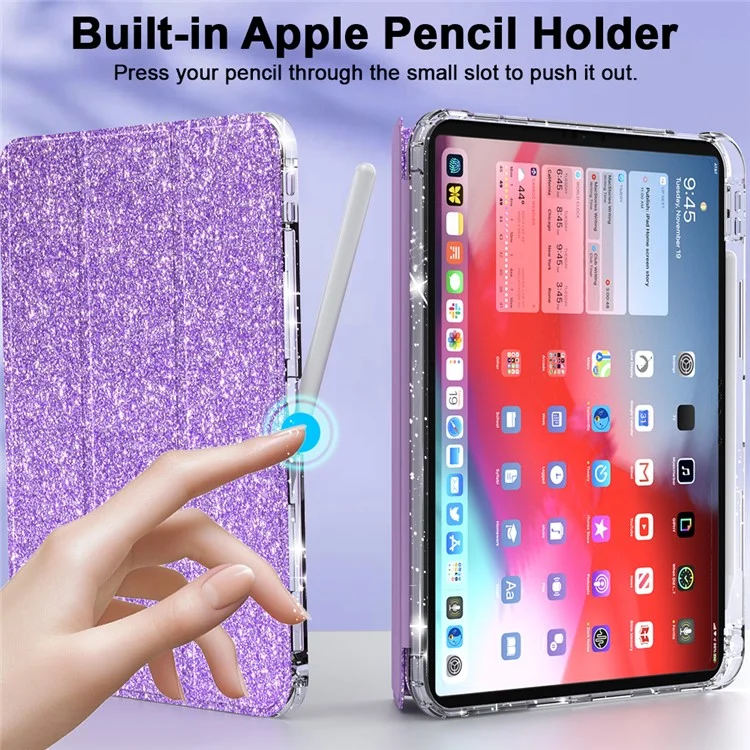 For iPad (2025) / iPad 10.9 (2022) Case with Pencil Slot Tri-Fold Stand Glitter Protective Tablet Cover Support Auto Wake / Sleep - Light Purple