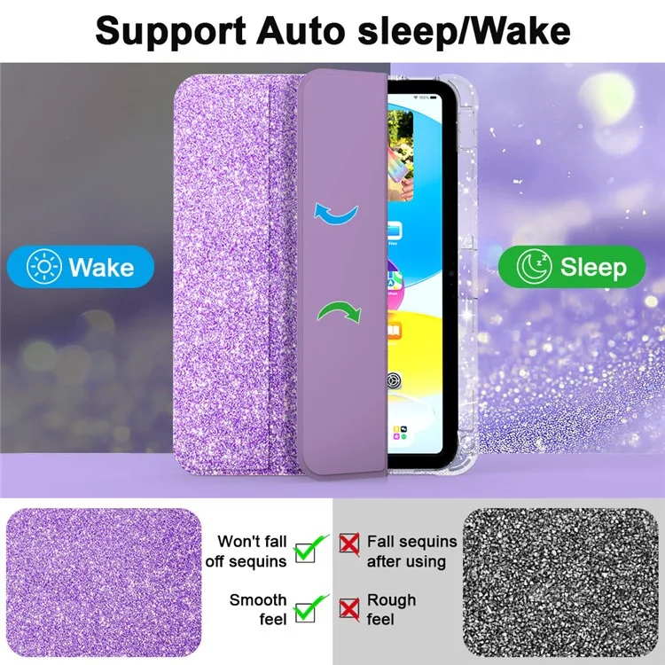 For iPad (2025) / iPad 10.9 (2022) Case with Pencil Slot Tri-Fold Stand Glitter Protective Tablet Cover Support Auto Wake / Sleep - Light Purple
