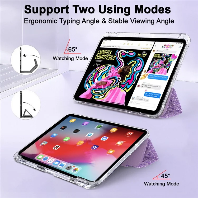 For iPad (2025) / iPad 10.9 (2022) Case with Pencil Slot Tri-Fold Stand Glitter Protective Tablet Cover Support Auto Wake / Sleep - Light Purple
