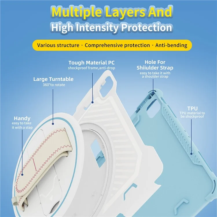 For iPad Air 13 (2025)  /  (2024) Case Kickstand PC + TPU Shockproof Tablet Cover With Hand Strap - Sky Blue