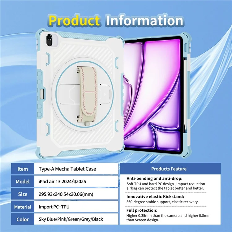 For iPad Air 13 (2025)  /  (2024) Case Kickstand PC + TPU Shockproof Tablet Cover With Hand Strap - Sky Blue