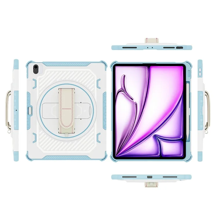 For iPad Air 13 (2025)  /  (2024) Case Kickstand PC + TPU Shockproof Tablet Cover With Hand Strap - Sky Blue