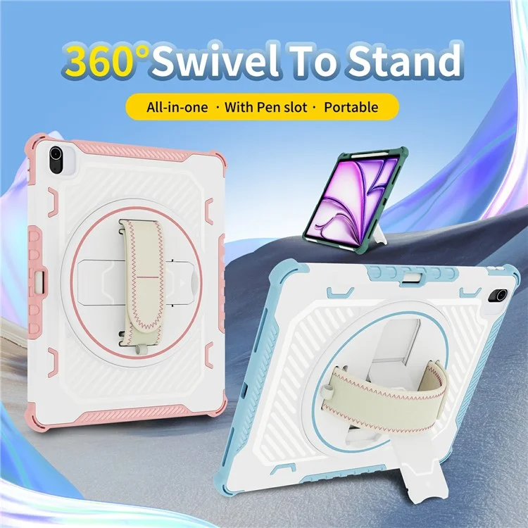 For iPad Air 13 (2025)  /  (2024) Case Kickstand PC + TPU Shockproof Tablet Cover With Hand Strap - Sky Blue
