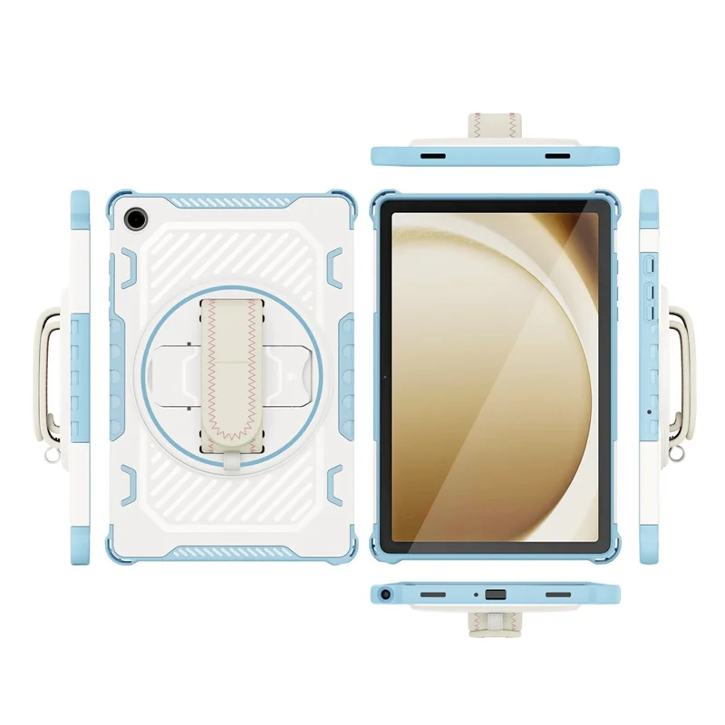 For Samsung Galaxy Tab A11+ / A9+ Case Kickstand PC + TPU Shockproof Tablet Cover With Hand Strap - Sky Blue