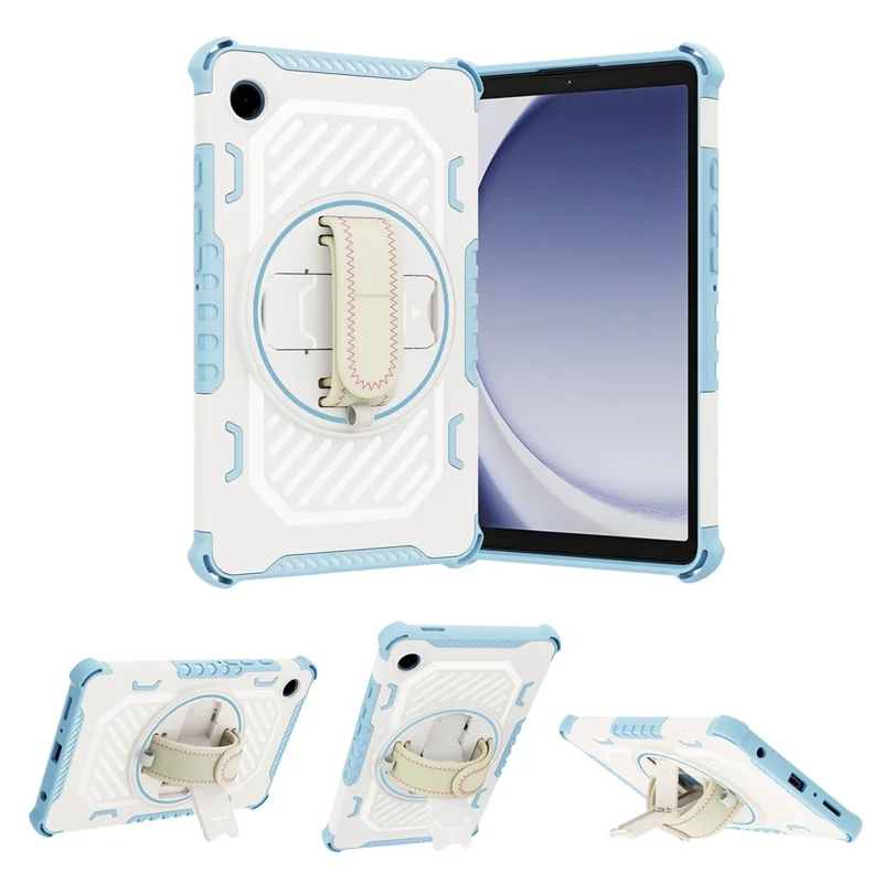 For Samsung Galaxy Tab A11 / A9 Case Kickstand PC + TPU Shockproof Tablet Cover With Hand Strap - Sky Blue