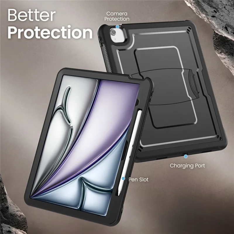 Capa para iPad Air 13 (2025) / (2024) com Suporte Oculto de Liga de Zinco, Capa de Tablet PC + TPE com Alça de Ombro - Preto