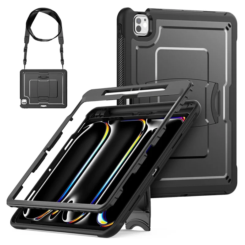 Funda para iPad Pro 13 (2024) con Soporte Oculto de Aleación de Zinc, Carcasa de PC + TPE con Correa para el Hombro - Negro