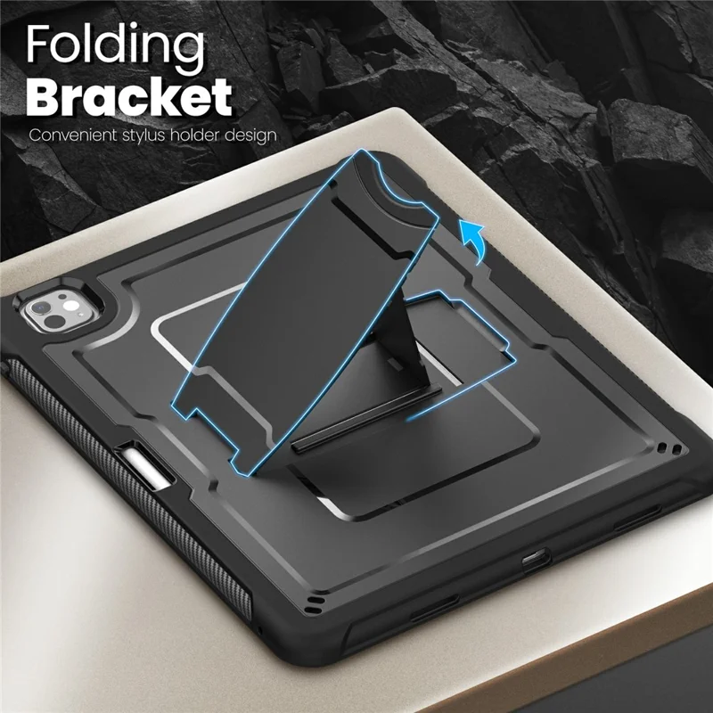 Funda para iPad Pro 13 (2024) con Soporte Oculto de Aleación de Zinc, Carcasa de PC + TPE con Correa para el Hombro - Negro