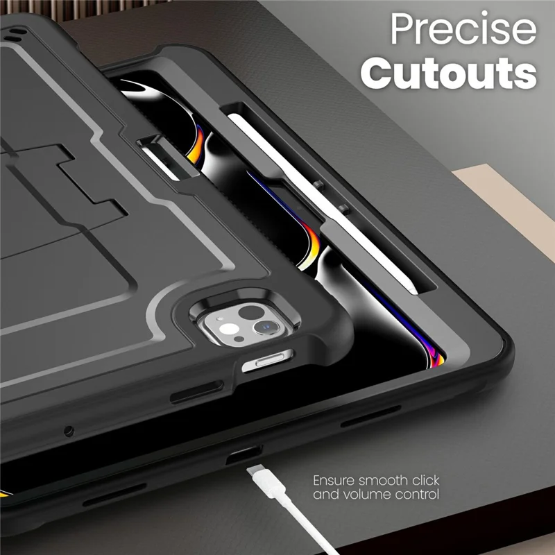 Funda para iPad Pro 13 (2024) con Soporte Oculto de Aleación de Zinc, Carcasa de PC + TPE con Correa para el Hombro - Negro