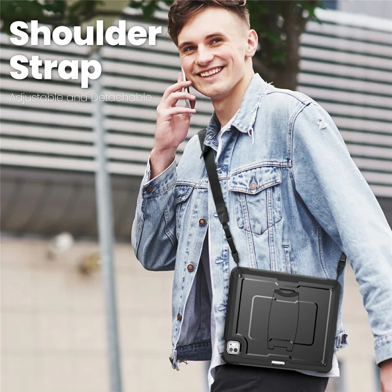 Funda para iPad Pro 13 (2024) con Soporte Oculto de Aleación de Zinc, Carcasa de PC + TPE con Correa para el Hombro - Negro
