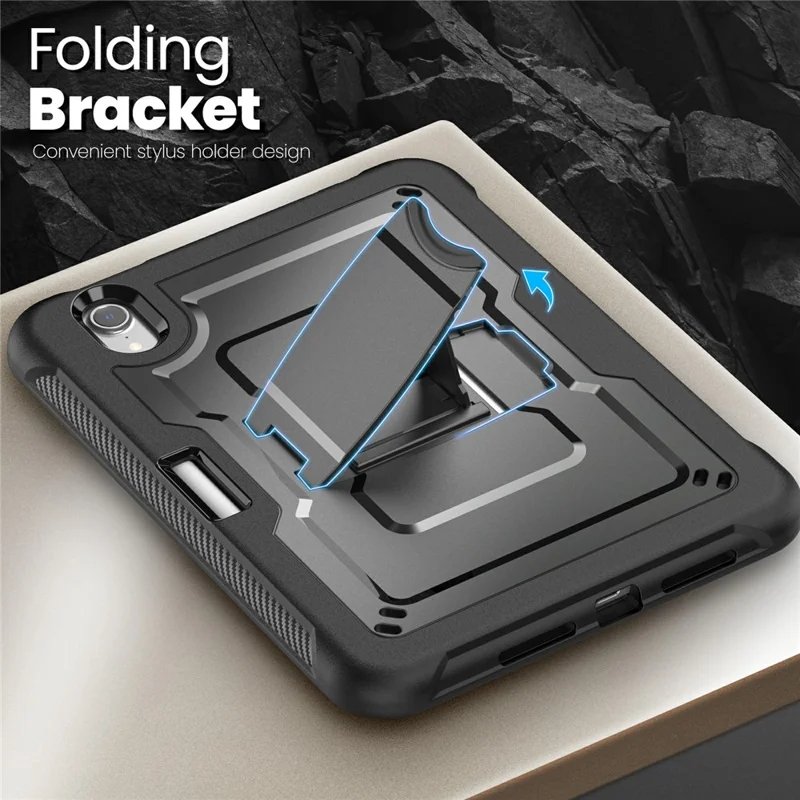 For iPad mini (2024) / (2021) Case Hidden Zinc Alloy Kickstand PC + TPE Tablet Cover with Shoulder Strap - Black