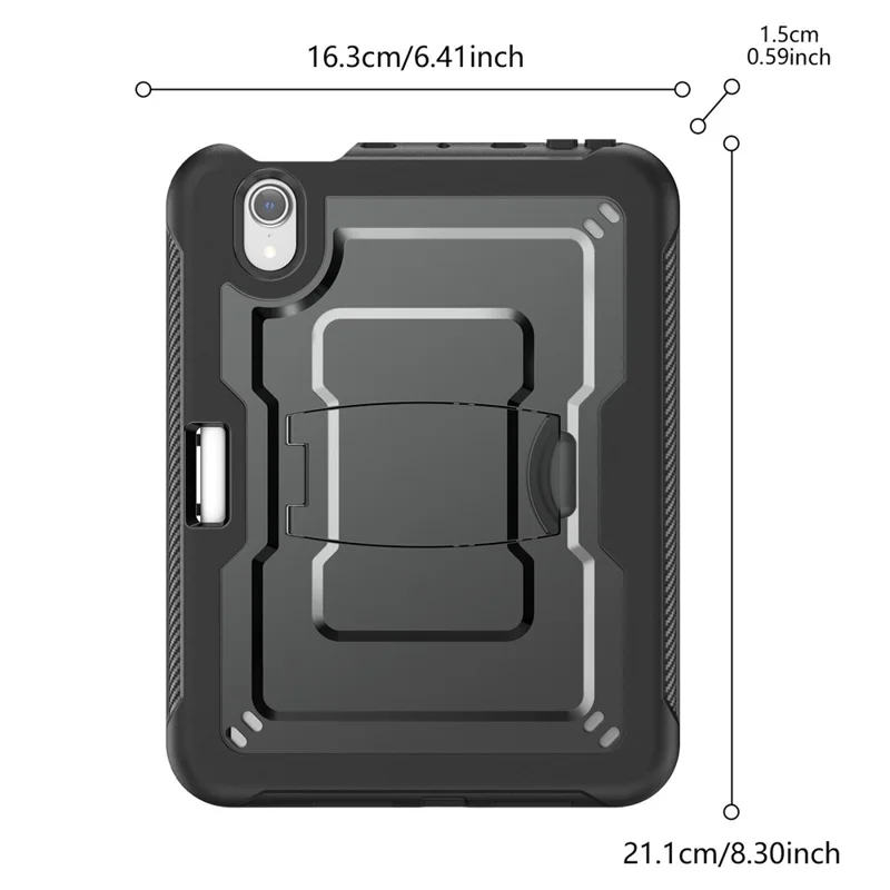 For iPad mini (2024) / (2021) Case Hidden Zinc Alloy Kickstand PC + TPE Tablet Cover with Shoulder Strap - Black