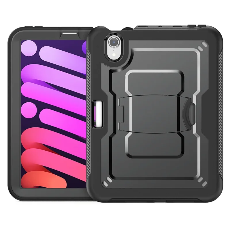 For iPad mini (2024) / (2021) Case Hidden Zinc Alloy Kickstand PC + TPE Tablet Cover with Shoulder Strap - Black