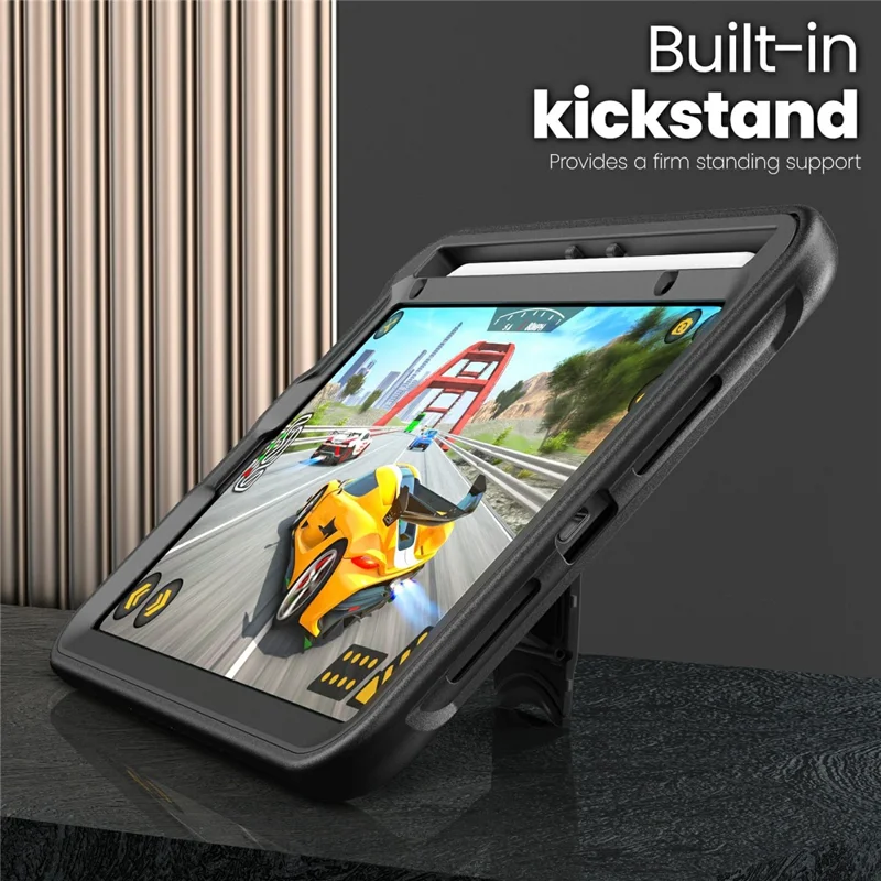 For iPad mini (2024) / (2021) Case Hidden Zinc Alloy Kickstand PC + TPE Tablet Cover with Shoulder Strap - Black