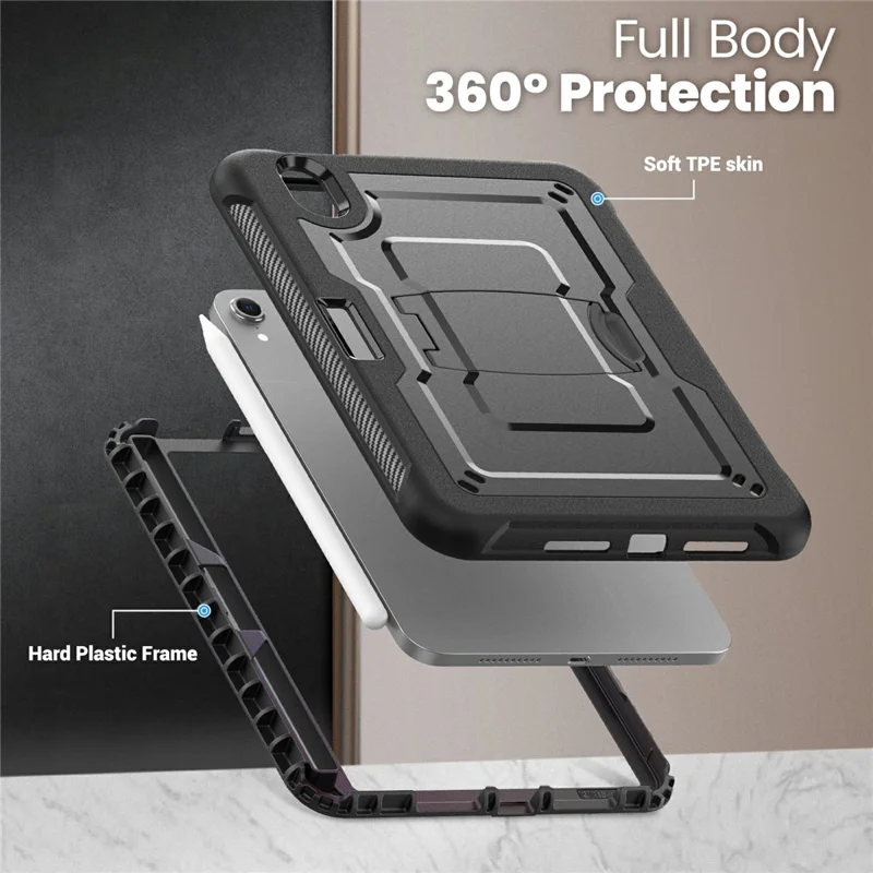 For iPad mini (2024) / (2021) Case Hidden Zinc Alloy Kickstand PC + TPE Tablet Cover with Shoulder Strap - Black