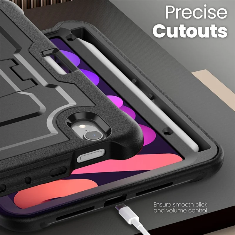 For iPad mini (2024) / (2021) Case Hidden Zinc Alloy Kickstand PC + TPE Tablet Cover with Shoulder Strap - Black