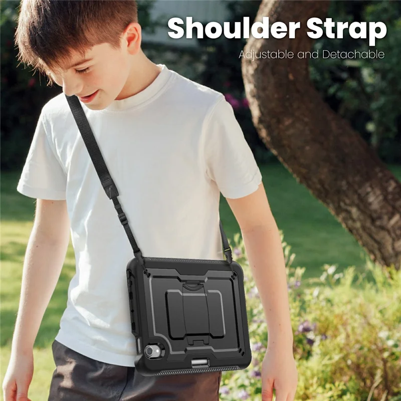 For iPad mini (2024) / (2021) Case Hidden Zinc Alloy Kickstand PC + TPE Tablet Cover with Shoulder Strap - Black