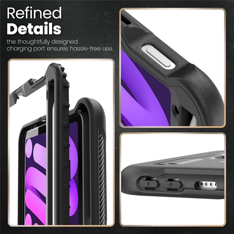 For iPad mini (2024) / (2021) Case Hidden Zinc Alloy Kickstand PC + TPE Tablet Cover with Shoulder Strap - Black