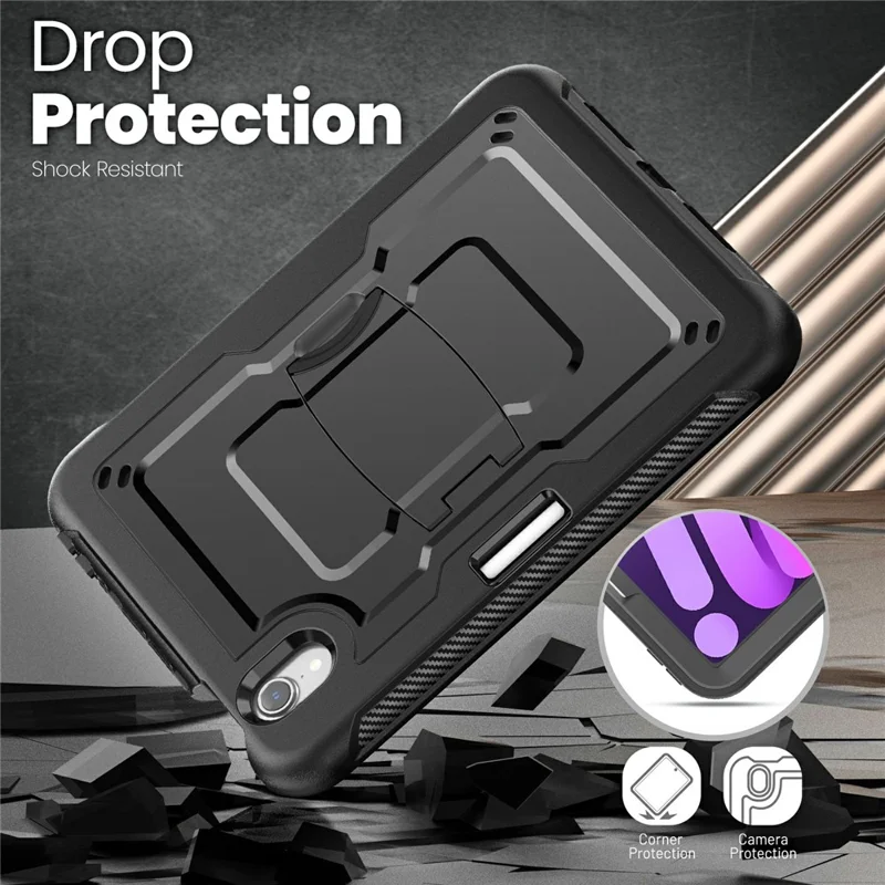 For iPad mini (2024) / (2021) Case Hidden Zinc Alloy Kickstand PC + TPE Tablet Cover with Shoulder Strap - Black